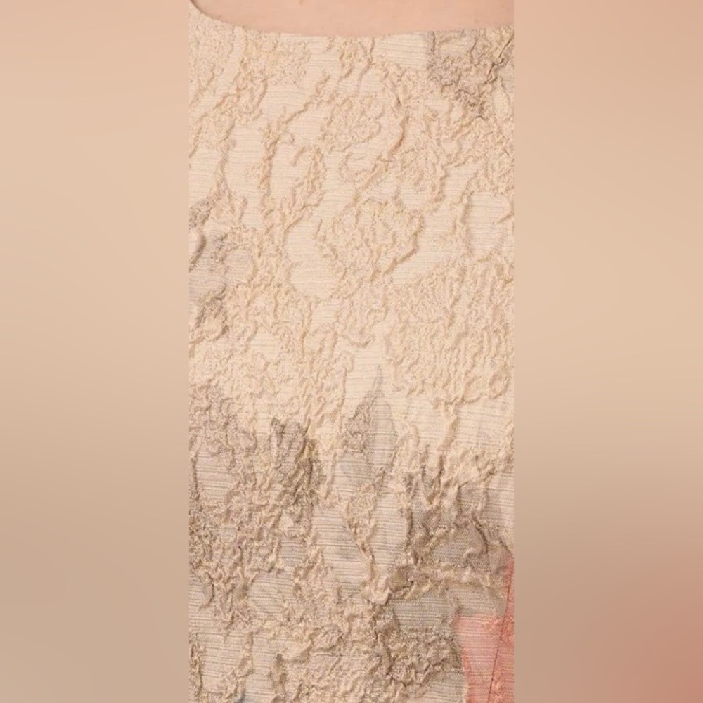 Adrianna Papell Champagne Lace Maxi Dress with Taupe Sash and Pastel Accents - Picture 4 of 9